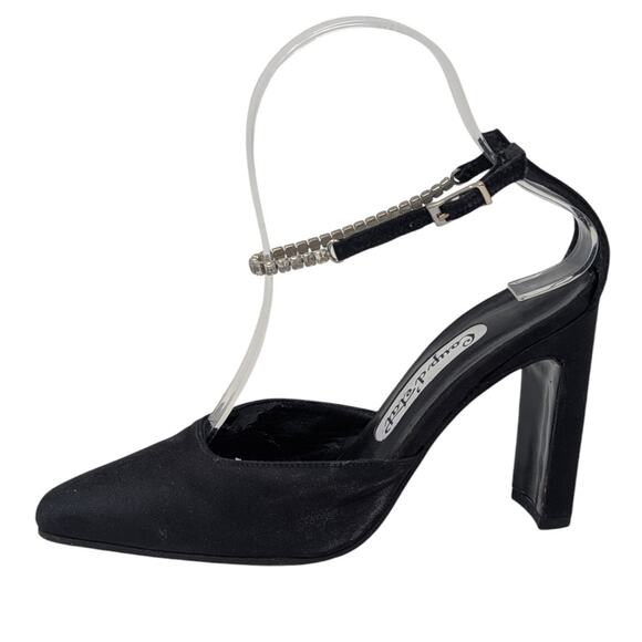 1990s Vintage Formal Heels Black 6.5 Shiny Satin Rhinestone Ankle Strap Prom - Picture 1 of 14